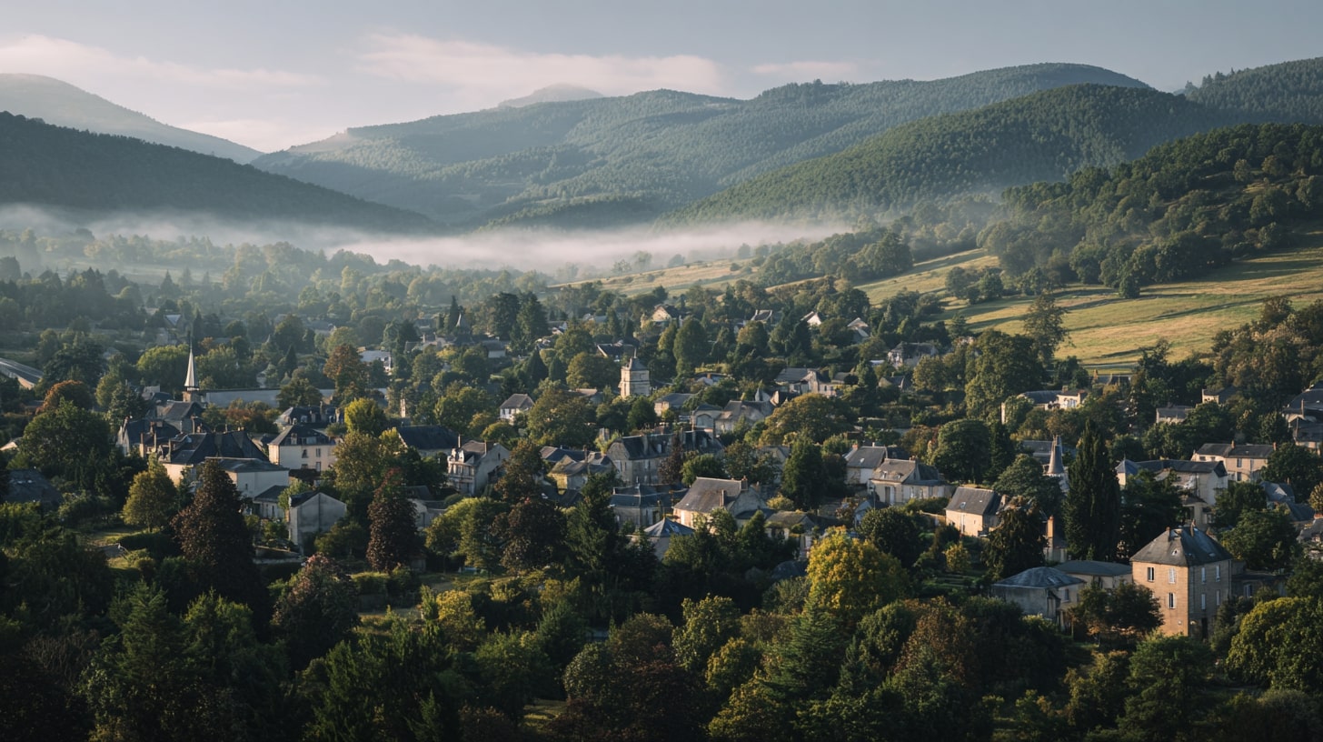 Petite ville de Bourgogne-Franche-Comté entourée de nature, illustrant l’environnement de vie et les enjeux territoriaux de santé.