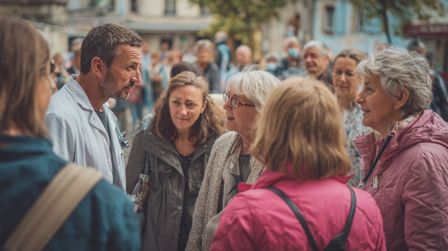 Temps d’échange entre habitants et acteurs locaux lors d’une action de prévention en santé publique.