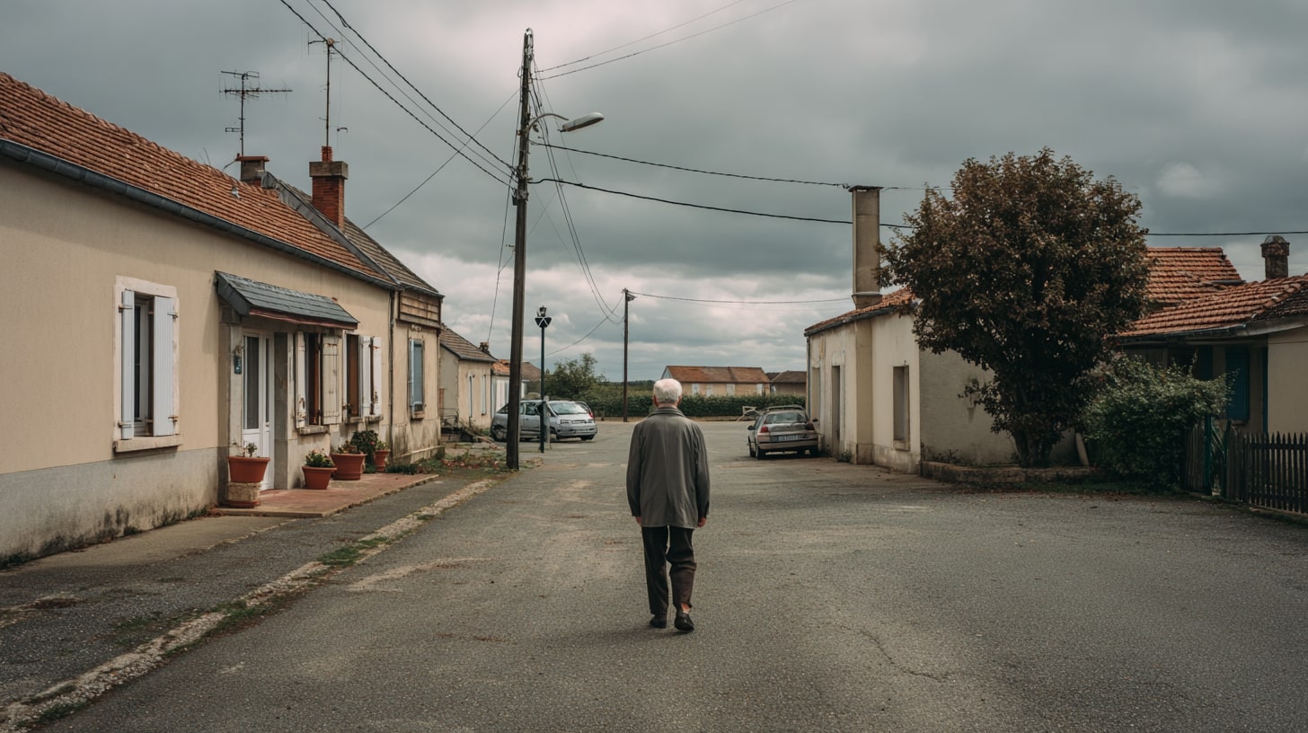 Personne âgée marchant dans une rue de village illustrant le vieillissement de la population et l’isolement rural.